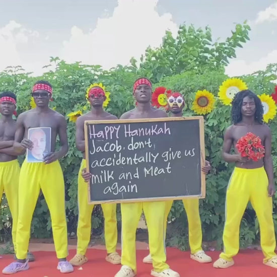 African B-Boys dancers performing a synchronized festive breakdance for a personalized Hanukkah video shoutout