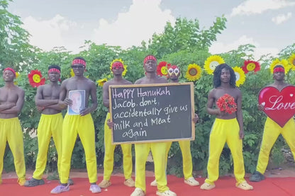 African B-Boys dancers performing a synchronized festive breakdance for a personalized Hanukkah video shoutout